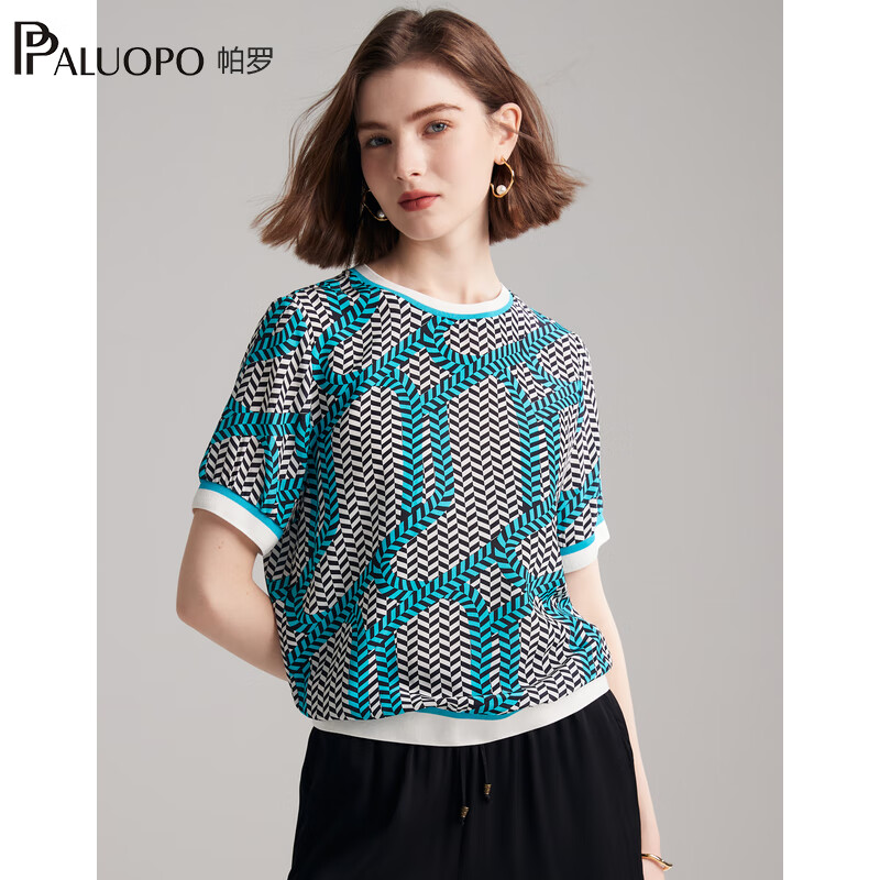 帕罗（PALUOPO）双绉新款真丝短袖体恤女士圆领印花100%桑蚕丝休闲百搭t上衣 黑蓝 M (160/84A)