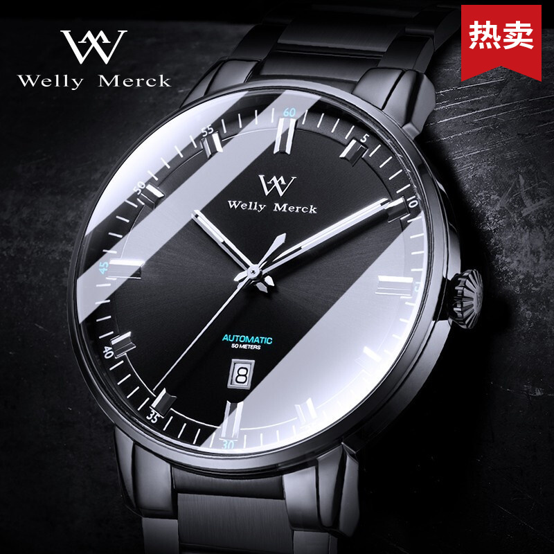 威利·默克（Welly Merck）手表男机械表全自动简约时尚商务防水腕表男士机械男表新款 Arena系列自动机械表（黑色钢带款）