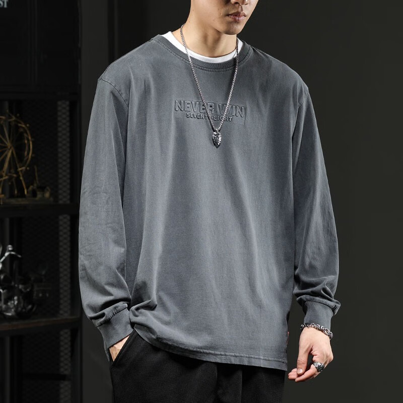 西斐图潮牌复古纯棉长袖t恤男宽松休闲圆领上衣男士水洗做旧春季打底