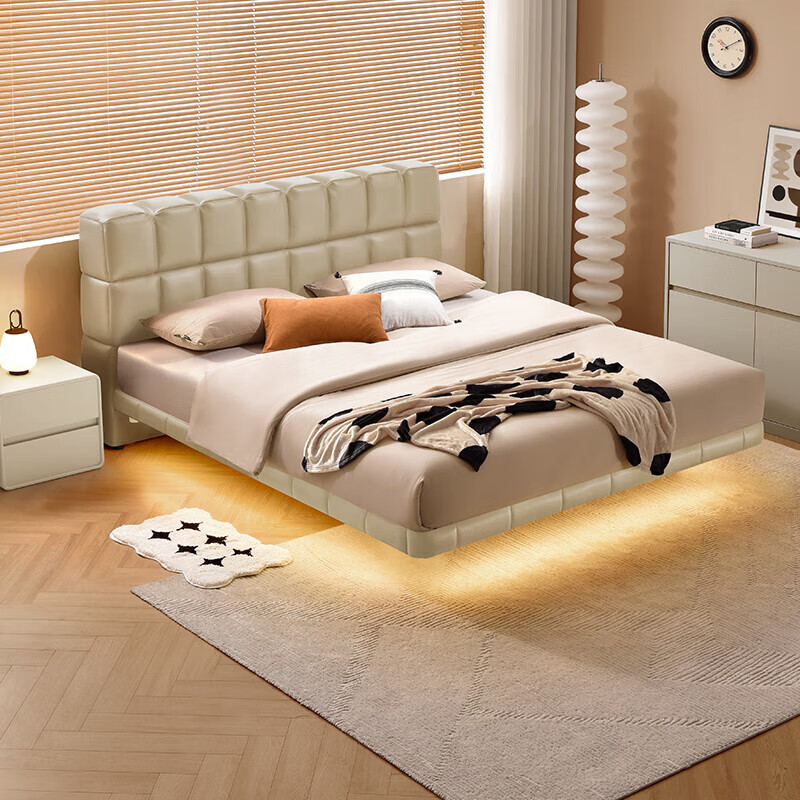 顾家家居智能家居劳伦斯床方块床头层牛皮床双人床悬浮灯带设计DS8307B 【奶灰】悬浮 1800*2000