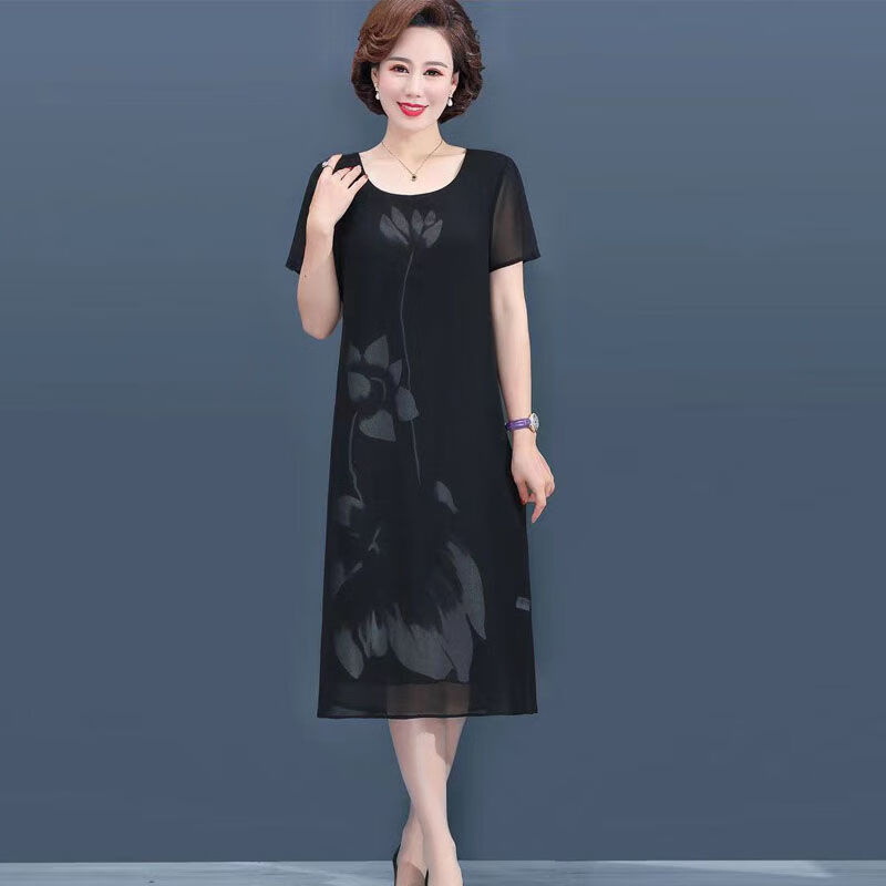 啾叮矮个子中年女士直筒裙连衣裙新款连衣裙直筒中年妈妈夏装高贵大码