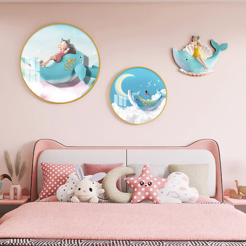 公主房卧室床头挂画海豚女孩温馨背景墙卡通壁画 a1 pvc40 30贝壳女孩