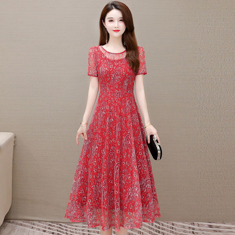 台湾纱连衣裙高端气质2022新款夏季遮肚减龄时尚贵夫人垂感裙子 红色连衣裙 L 建议90-105斤左右