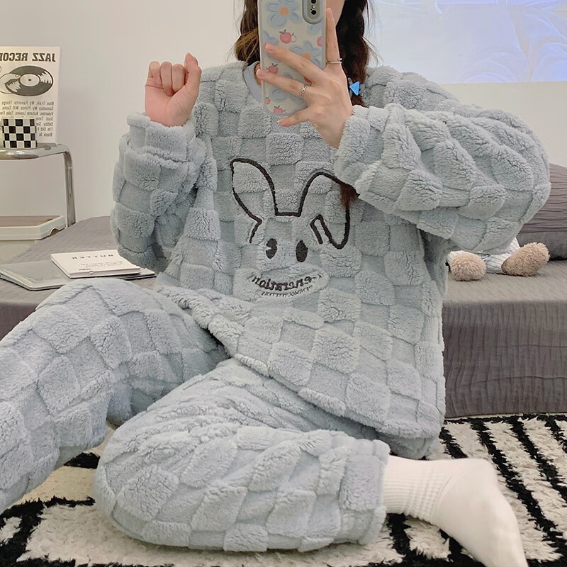 猫人少女感睡衣秋冬加绒加厚中华绒套头款可外穿家居服套装 QRQM-7818 M