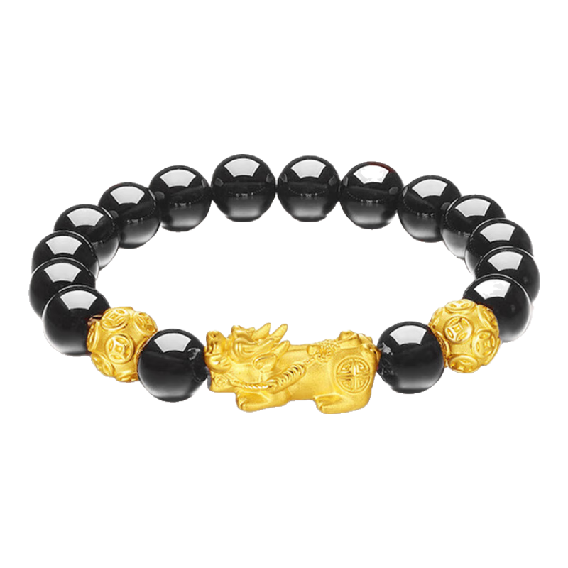 中國(guó)黃金（CHINA GOLD）黃金貔貅手鏈男足金招財(cái)守護(hù)轉(zhuǎn)運(yùn)珠情侶手串情人節(jié)生日禮物送男友 京速達(dá)*8mm黑瑪瑙【八方來財(cái)】約3g