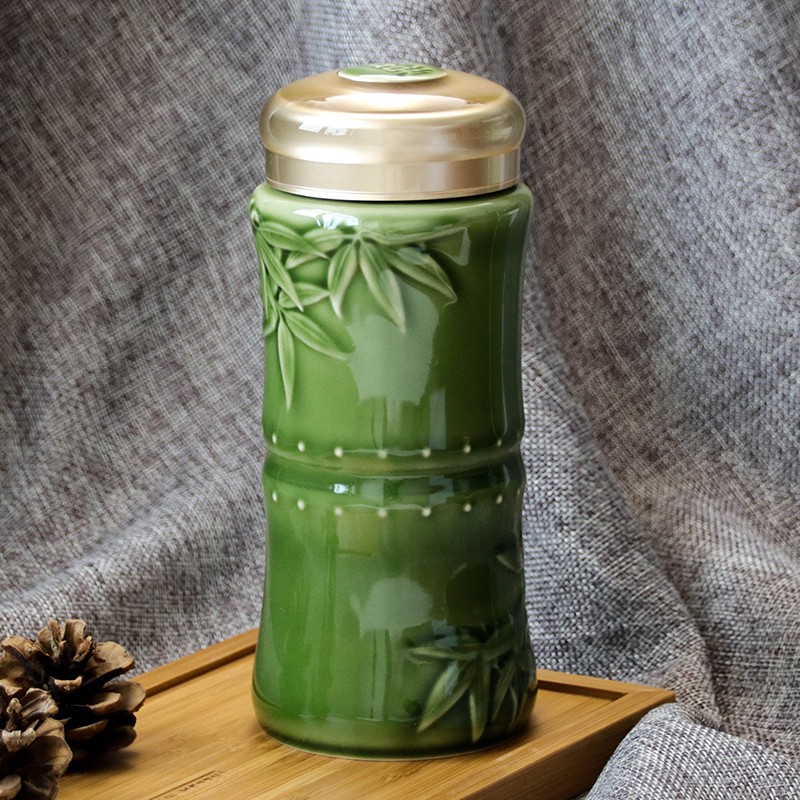 乾唐轩活瓷杯 竹报平安随身杯双层创意陶瓷茶杯水杯便携带盖送长辈送