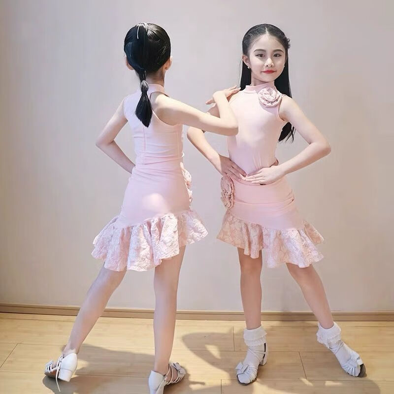 澳顏萊2024新款兒童拉丁舞服女童夏季無袖練功比賽服裙少兒表演出服 粉紅色無袖 160