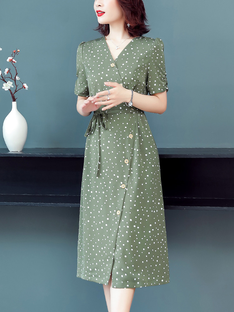 卡思彤(cosstot)品牌女装 夏新款短袖雪纺连衣裙女韩版时尚宽松过膝