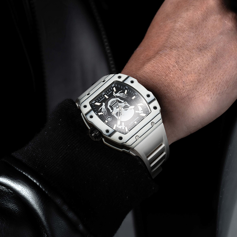 布加迪(bonest gatti)德国手表男镂空全自动机械表酒桶型白色骷髅头