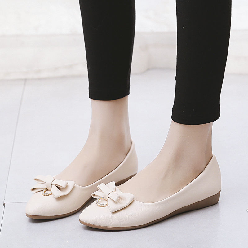 春秋新款单鞋尖头平底鞋女浅口平跟鞋女鞋软底工作鞋女豆豆鞋 米色 37