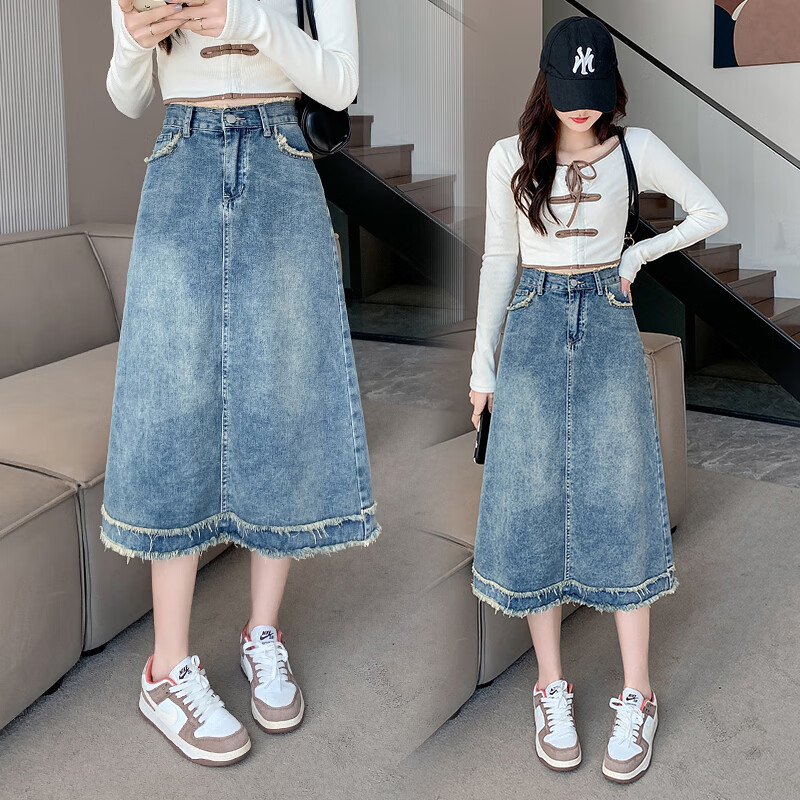 涓涓细语大码复古毛边高腰牛仔裙中长款春季梨型身材穿搭高个子a字