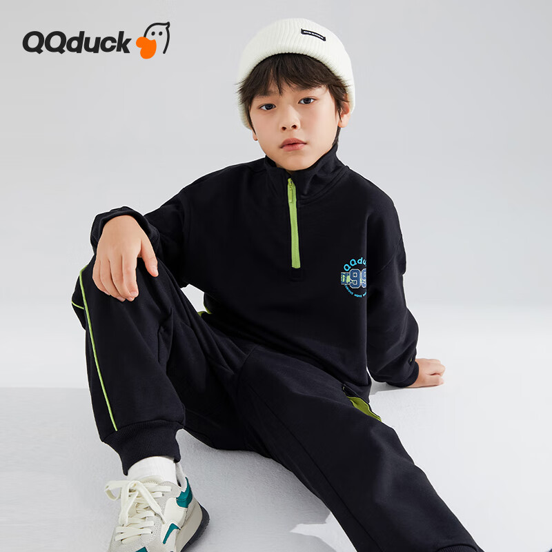 可可鸭（QQ DUCK）童装儿童套装男童卫衣卫裤学生运动套训练服辑筋套装黑色；160