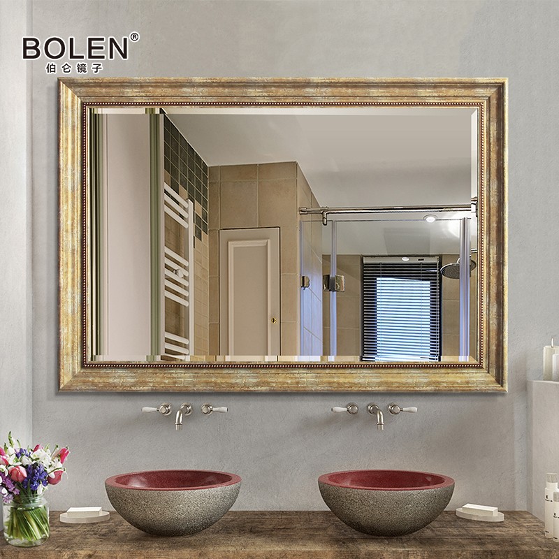 伯仑 浴室镜子复古做旧美式欧式浴室柜镜子壁挂卫生间洗漱台镜子 敦煌金色 75*100cm