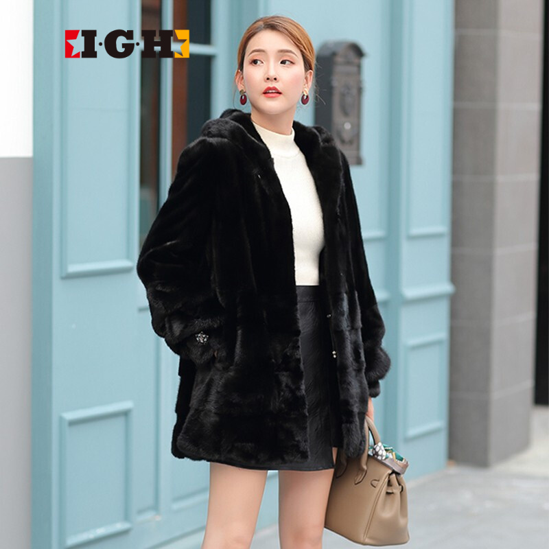 i·g·h高定品牌女装进口貂皮大衣女中长款连帽整貂块貂新款显瘦水貂