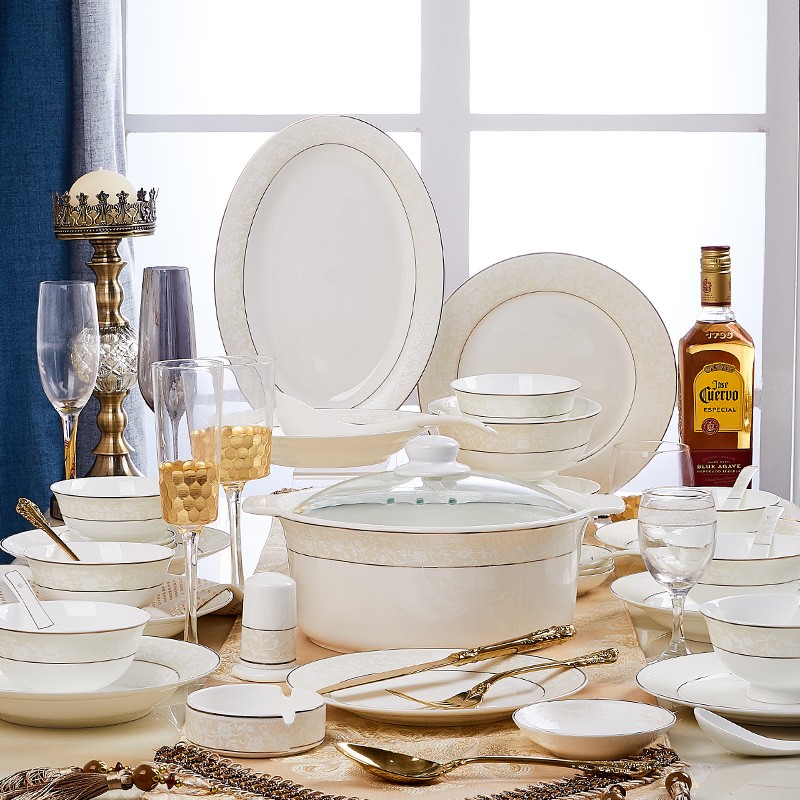 洛威 餐具套装欧式金边陶瓷碗筷盘子组合碗碟 60头餐具