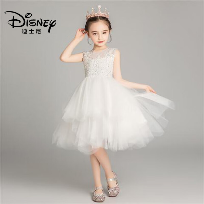迪士尼（Disney）公主裙女童蓬蓬纱小女孩洋气儿童礼服主持人钢琴演出服花童婚纱裙 白色 短款 130