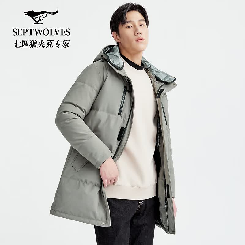 七匹狼羽绒服冬季保暖连帽中长装厚羽绒弹力男装外套 211(灰绿) XL 175/92A