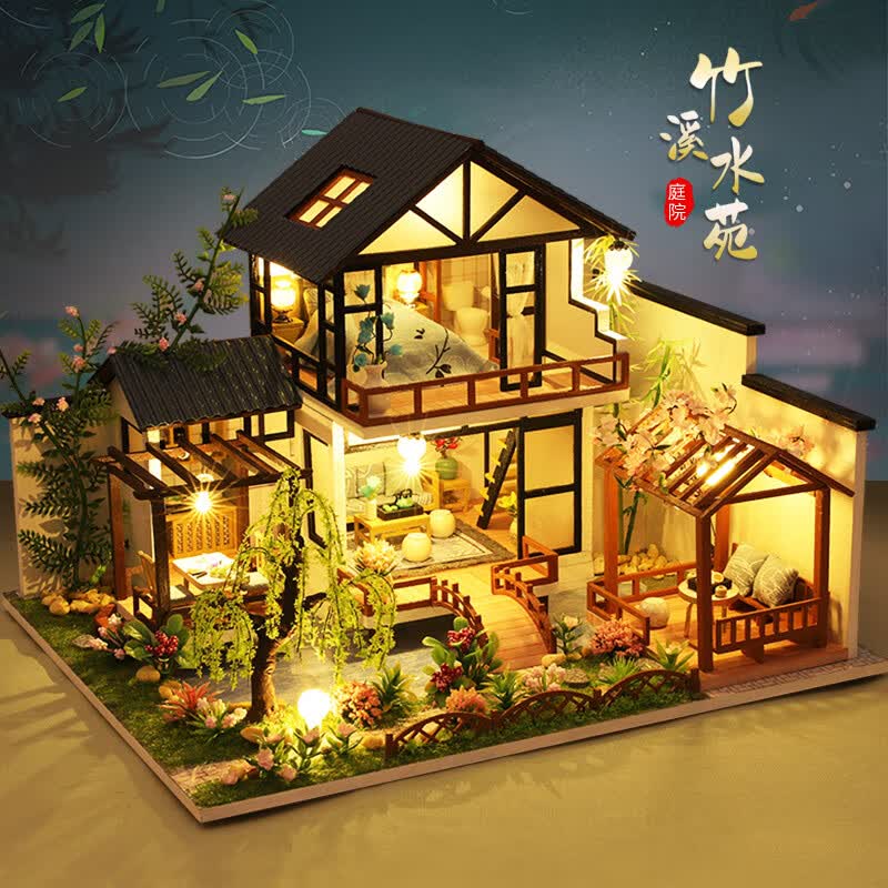 竺古力diy小屋竹溪水苑手工制作日式和风大型古镇别墅手工房子建筑模型 竹溪水苑【防尘罩+工具+音乐】高性价比高么？