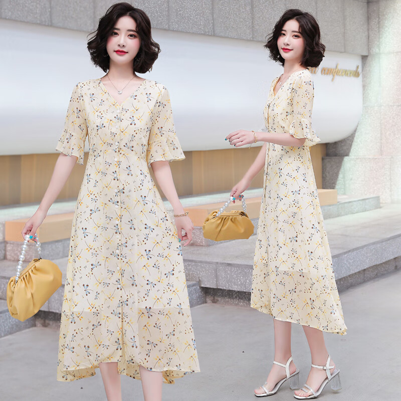 三彩名莎法式碎花雪纺连衣裙女春夏新款女装收腰显瘦桔梗裙套头中长裙