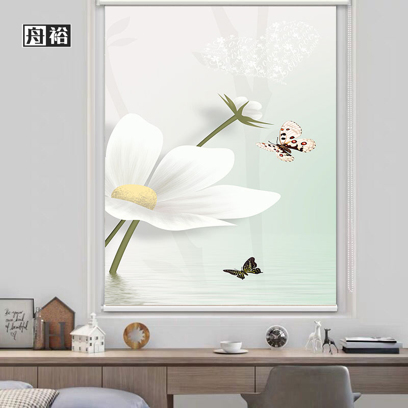 舟裕 免打孔定制卷帘玉兰花卫生间防水防油家用遮光遮阳手拉升降窗帘 花卉12 加厚全遮光单面图案/平方
