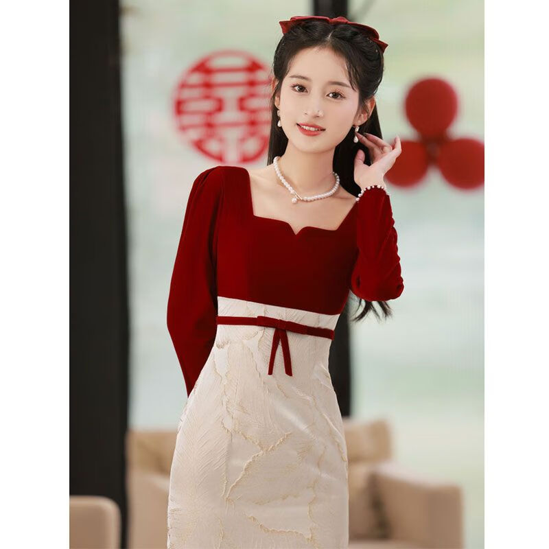 珍妮羊敬酒服新娘长袖丝绒订婚礼服连衣裙酒红色回门服 红色 s