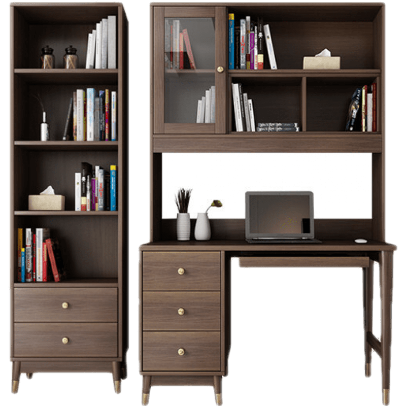 兰尼森 北欧简约卧室转角书桌书架一体桌现代家用台式电脑桌带书柜写字台 【胡桃色】书桌+书架 书桌+书椅