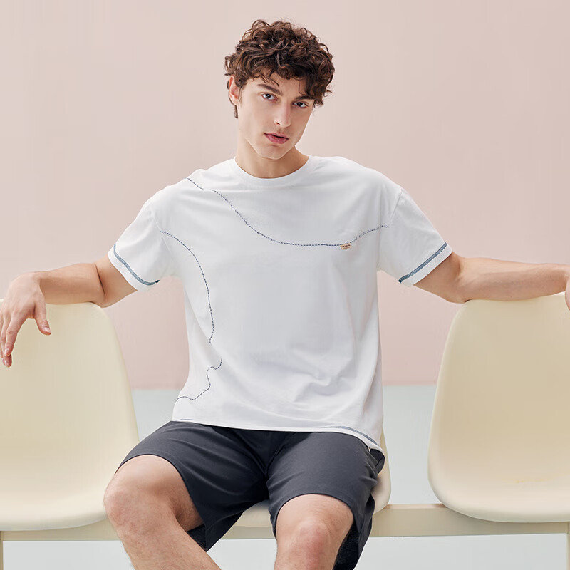 玛伦萨短袖短裤睡衣男士纯棉夏季新款条纹时尚简约宽松家居服套装 优雅白 L