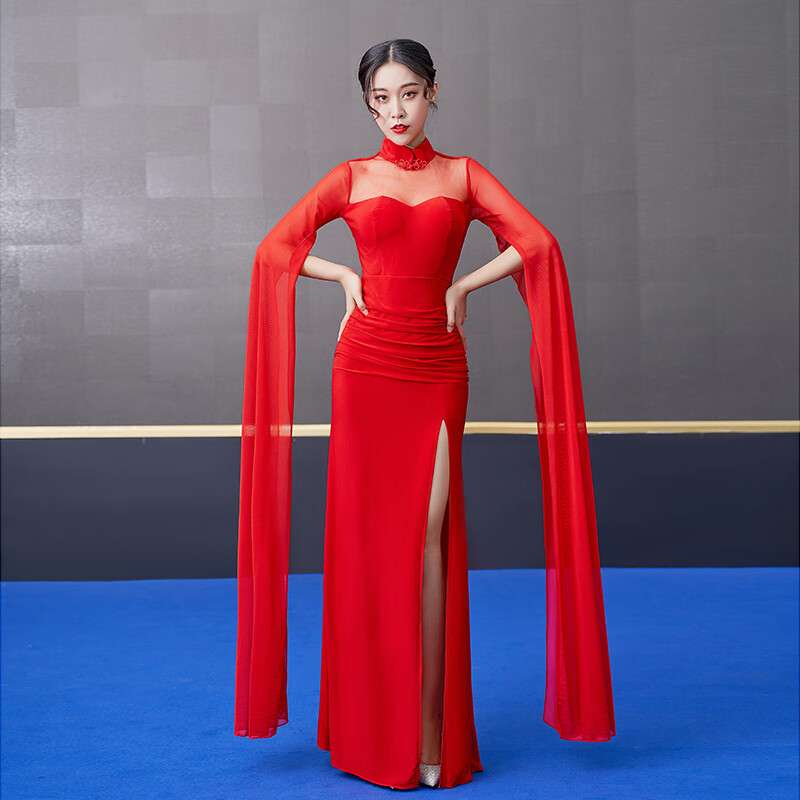 靓瓅峰娙女士新娘晚礼服修身显瘦小礼服敬酒服长款红色表演服装广袖流