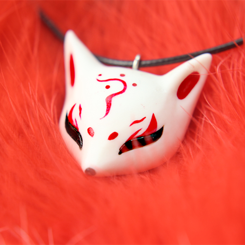 九尾狐狸面具守护灵狐仙吊坠古风陶瓷饰品 御守项链s 红色小灵狐仙