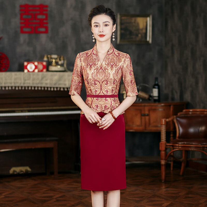 金柏尼高端品牌結(jié)婚丈母娘婚禮服連衣裙洋氣假兩件V領(lǐng)小個子喜婆婆禮服 酒紅色 XL