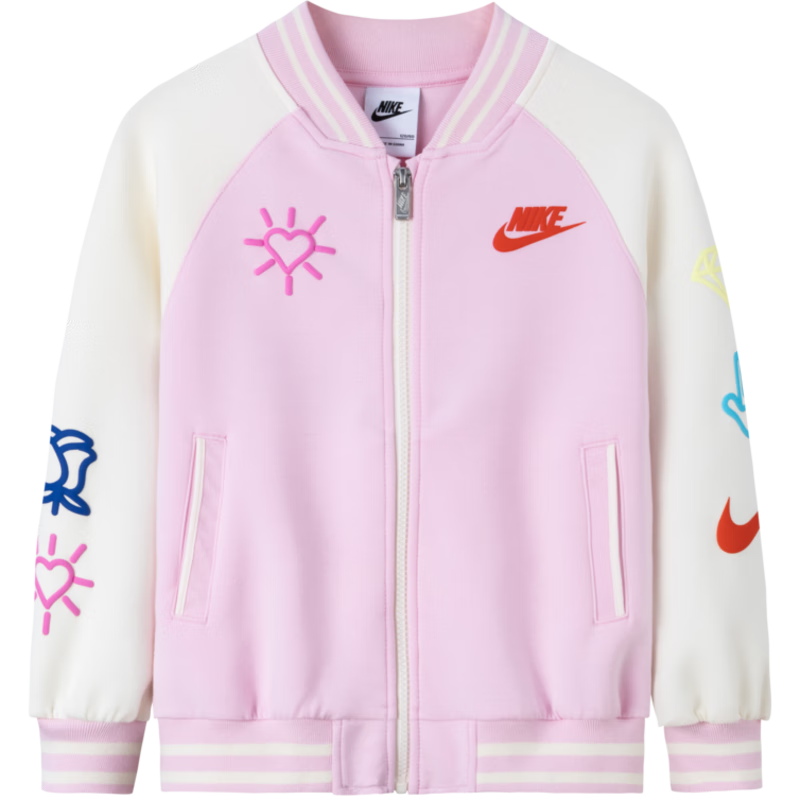 NIKE 耐克童裝女童棒球服2025春季新款兒童休閑撞色外套小嬰童 櫻花粉 120 /60 【建議身高110-116cm】