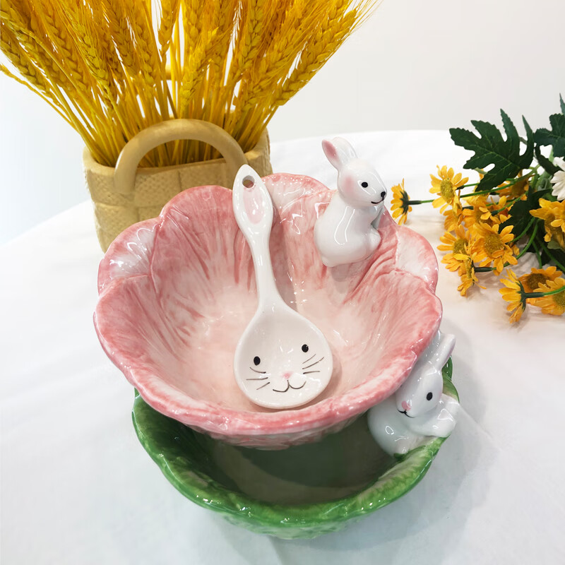 翼荏陶瓷肖战兔子麦片碗粉色可爱少女卡通学生儿童家用创意水 带兔