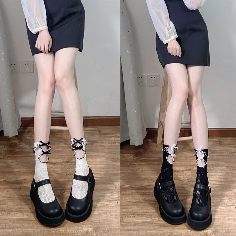 佐丹曼（ZUODANMAN）小腿襪子jk女半截半腿襪翻邊襪中筒洛麗塔配裙子lolita夏季薄長(zhǎng)筒 2雙兩層挖洞-1黑+1白襪黑