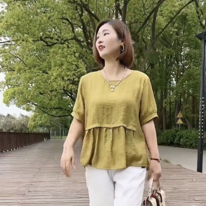 伊渊浅夏季新款百搭女装宽松圆领纽扣上衣天丝棉时尚妈妈装短袖t恤