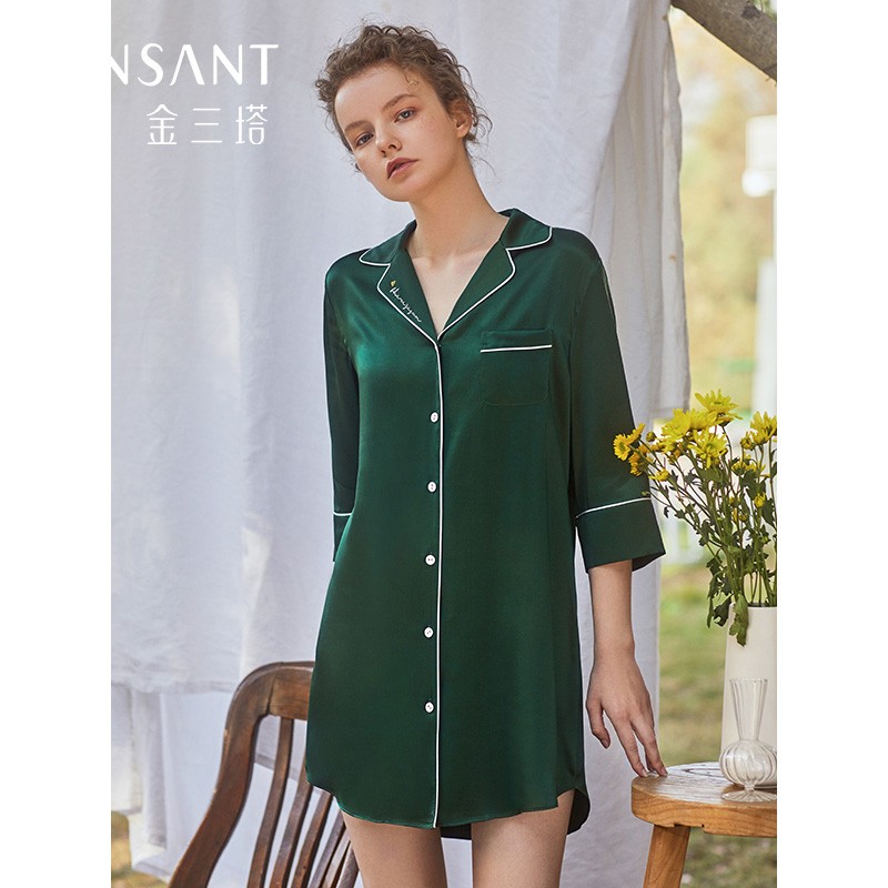 金三塔睡衣女真絲法式性感襯衫式睡裙家居服YSFBA328 寶石綠撞白色3502 M