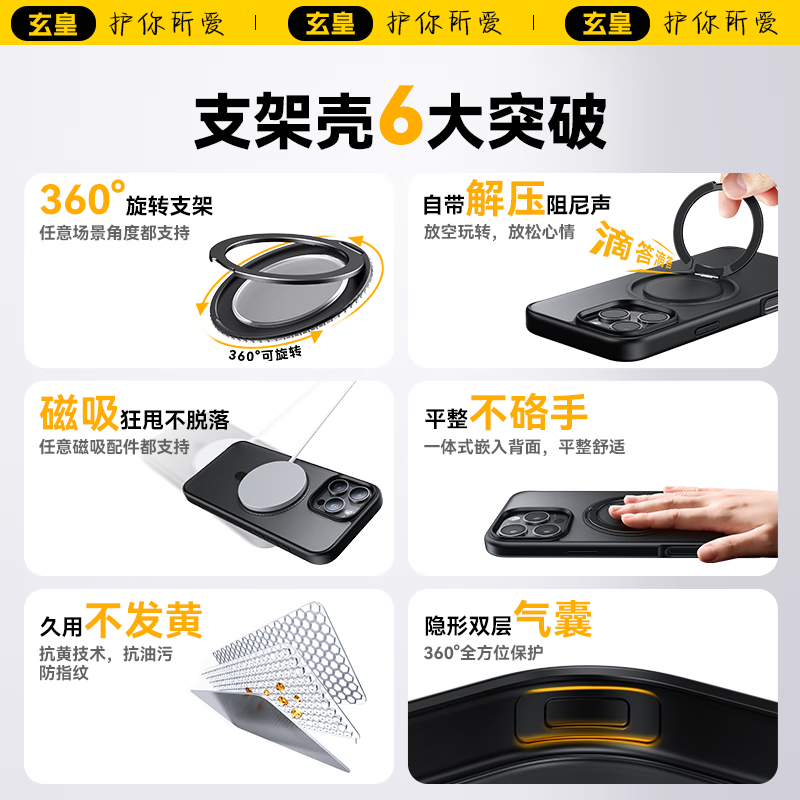 玄皇【高端顶配丨360°旋转支架壳】适用苹果16promax手机壳iphone16pro新款磨砂磁吸支架防摔全包男女 【全透明】AR增透不发黄丨360°旋转支架磁吸壳 苹果16e/苹果17e通用