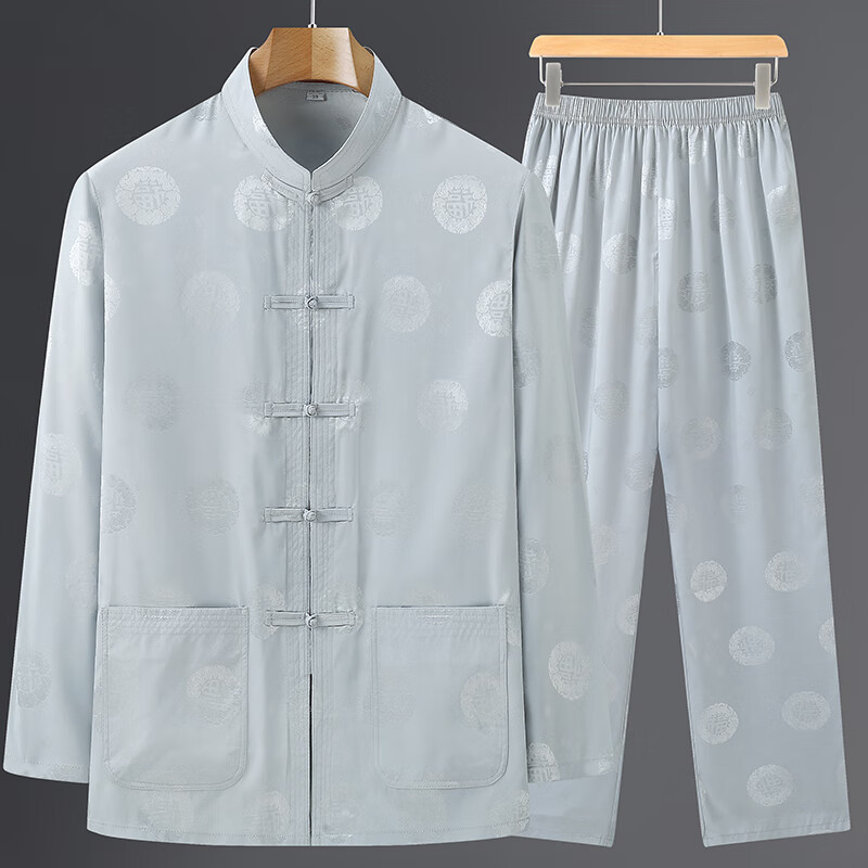 狼爪郎春夏中老年唐装男薄款爸爸套装爷爷夏装冰丝长袖中国风老年人