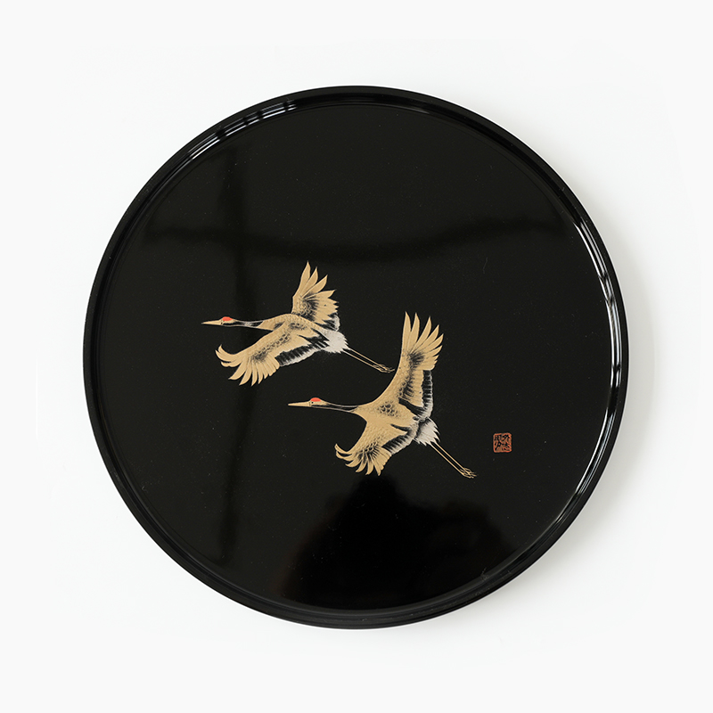 予粹日式山中漆器手绘描金双云鹤漆盘圆形托盘日式干泡台茶盘礼盒