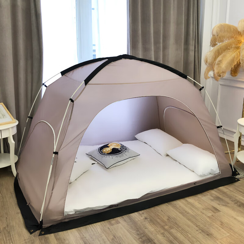 山头林村室内帐篷家用大人单双人大容量折叠透气防风防蚊保暖儿童床上帐篷 棕灰色2m*1.2m (1.2米床用)