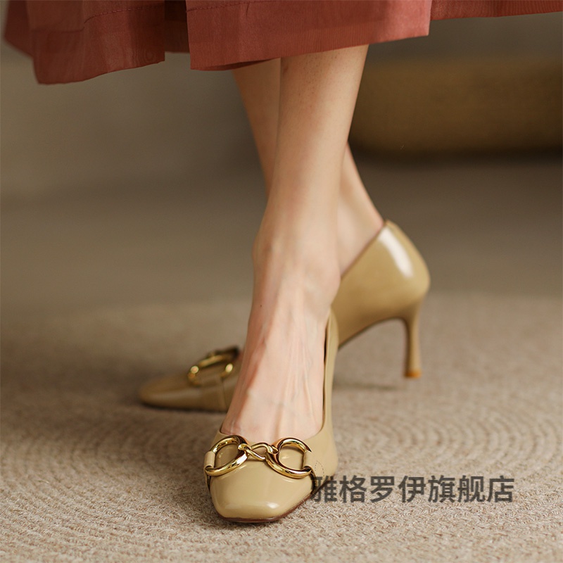 大码女鞋40-43宽胖脚高跟鞋漆皮方头女法式小码313233浅口裸色晚风