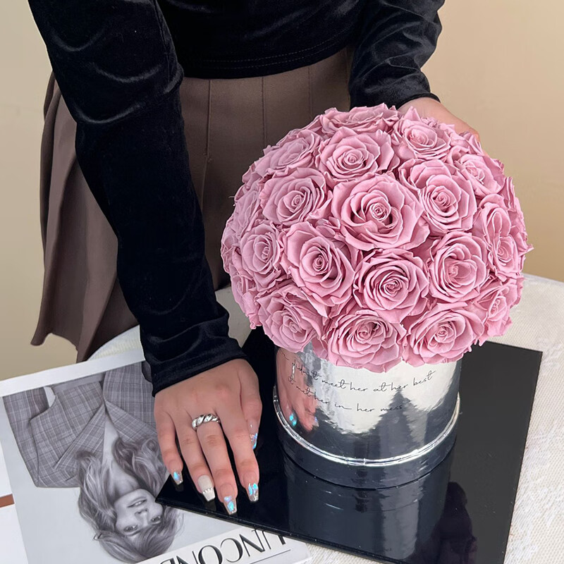 para ella33朵永生花球型抱抱桶玫瑰花情人节礼物生日礼物送女朋友