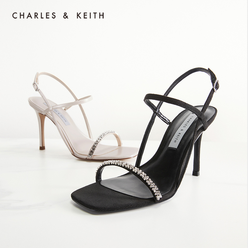 CHARLES&KEITH早春新品CK1-60361322女士半宝石饰方头高跟凉鞋 Black黑色 36