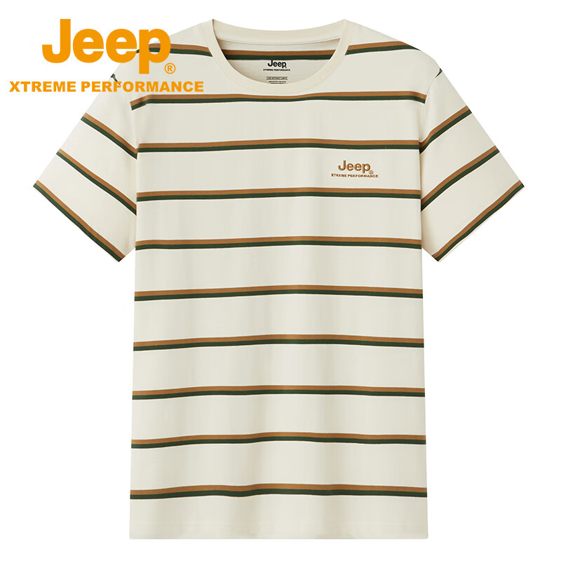 夏季新款横条纹短袖t恤男纯棉吸汗圆领体恤男装水洗半袖上衣 杏色 s