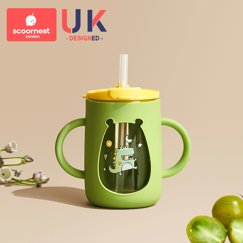 牛奶杯儿童刻度喝奶杯吸管杯牛奶防摔杯子可微波炉加热专用杯 莱茵绿