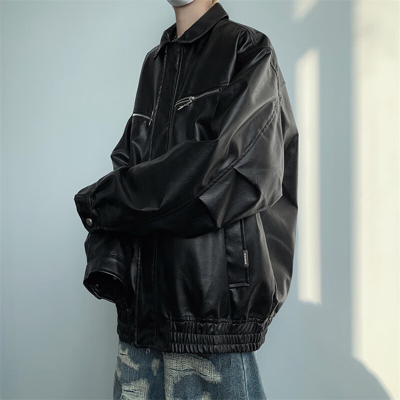 米轩大学生高中生秋天衣服男痞帅机车皮衣夹克男2023街头复古港风潮牌