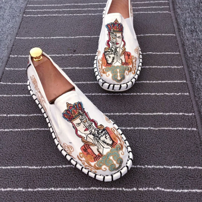 精神小伙鞋子社会人豆豆鞋 老北京布鞋男刺绣豆豆鞋精神小伙帆布 唐僧