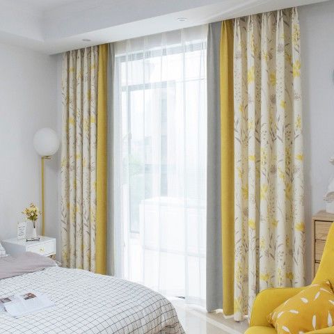 巴拉故事北欧窗帘ins风小清新美式半遮光卧室温馨主卧客厅碎花 布黄色