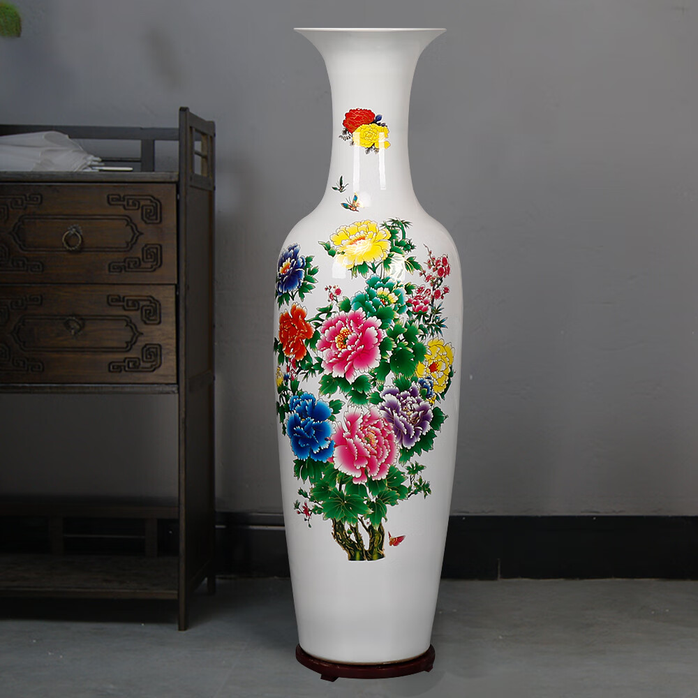 景德镇陶瓷落地大花瓶黄红白牡丹花客厅装饰送礼开业插花特大摆件 白