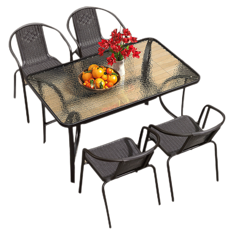 紫葉戶(hù)外桌椅組合 陽(yáng)臺(tái)桌椅 現(xiàn)代簡(jiǎn)約 庭院露天鐵藝休閑桌椅餐桌藤椅 4【椅】+1【長(zhǎng)桌有孔120X80】