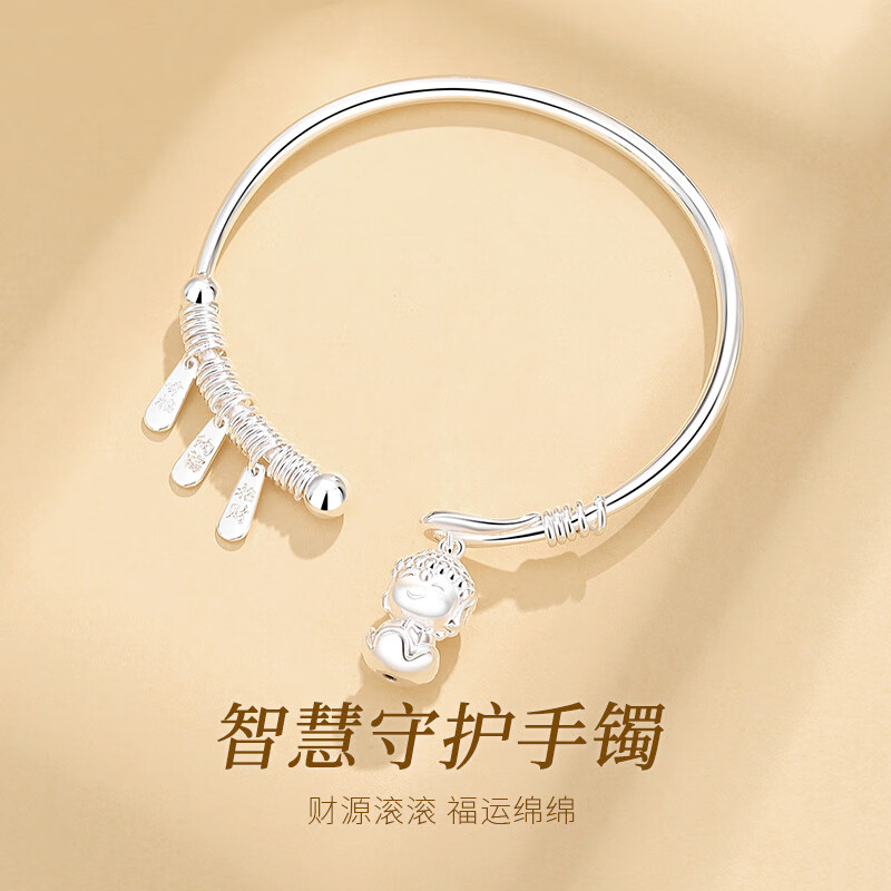 圣雅罗幸福佛银手镯女款时尚开口足银镯子银饰手环送女友老婆生日礼物